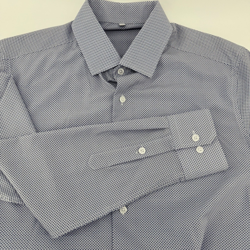 State & Liberty Men Blue White Geometric Diamond Print Stretch Dress Shirt Large